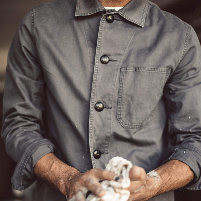 fit model in The Ojai Jacket in Washed Charcoal
