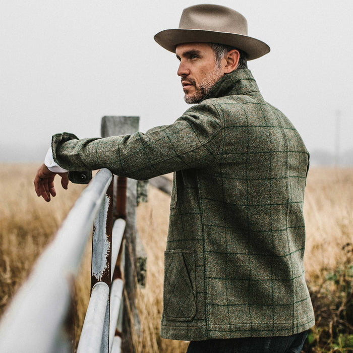 our fit model wearing The Ojai Jacket in Windowpane Wool