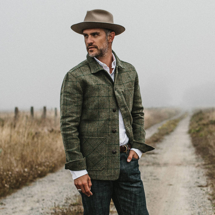 our fit model wearing The Ojai Jacket in Windowpane Wool