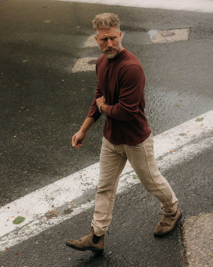 fit model showing off The Organic Cotton Waffle Crew in Burgundy