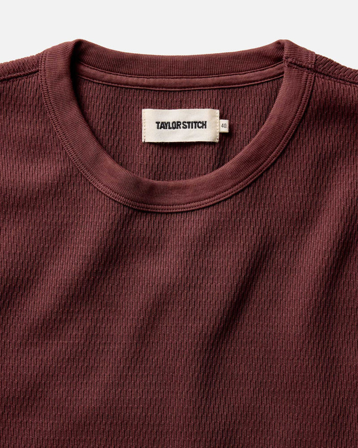 fit model walking wearing The Organic Cotton Waffle Crew in Burgundy
