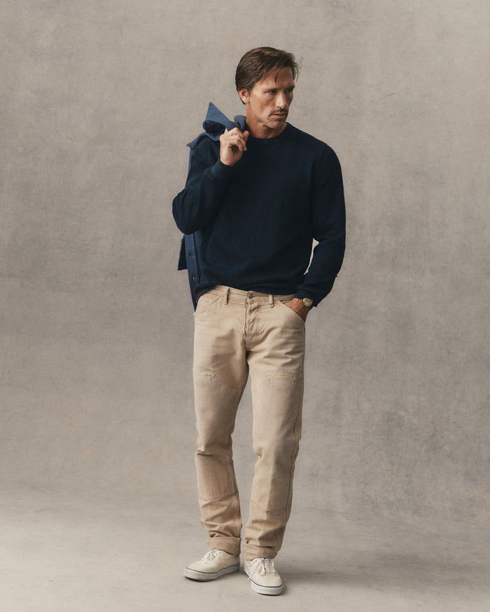fit model in The Organic Cotton Waffle Crew Dark Navy