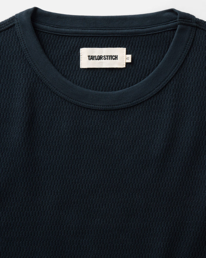 fit model showing the front of The Organic Cotton Waffle Crew Dark Navy