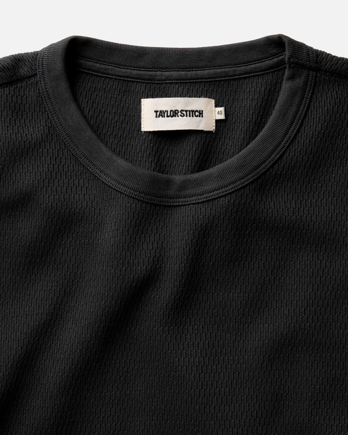 material shot of the collar on The Organic Cotton Crew in Faded Black Waffle