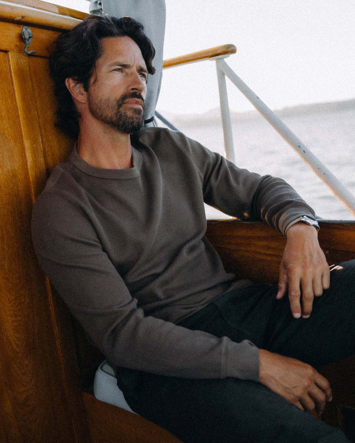 fit model in The Organic Cotton Waffle Crew in Fatigue Olive