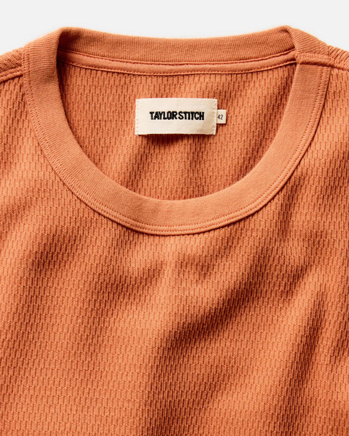 material shot of the collar on The Organic Cotton Crew in Summit Orange Waffle