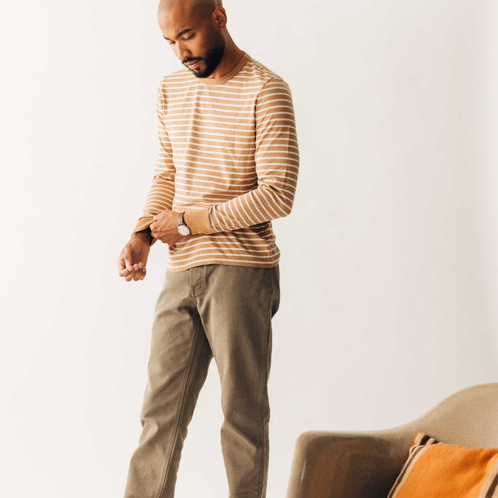 fit model posing in The Organic Cotton Long Sleeve Tee in Churro Stripe