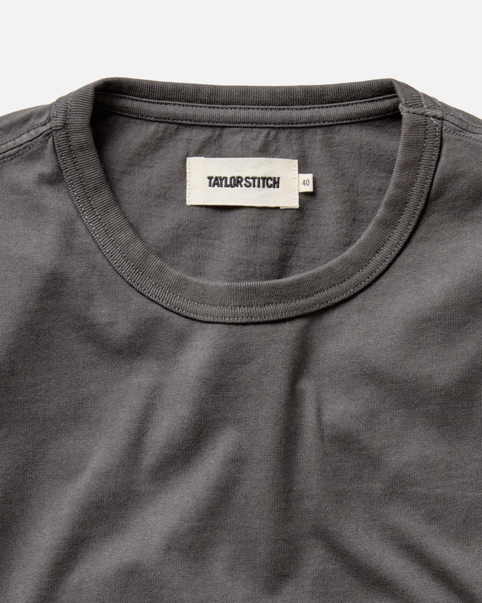material shot of the collar on The Organic Cotton Long Sleeve Tee in Faded Black