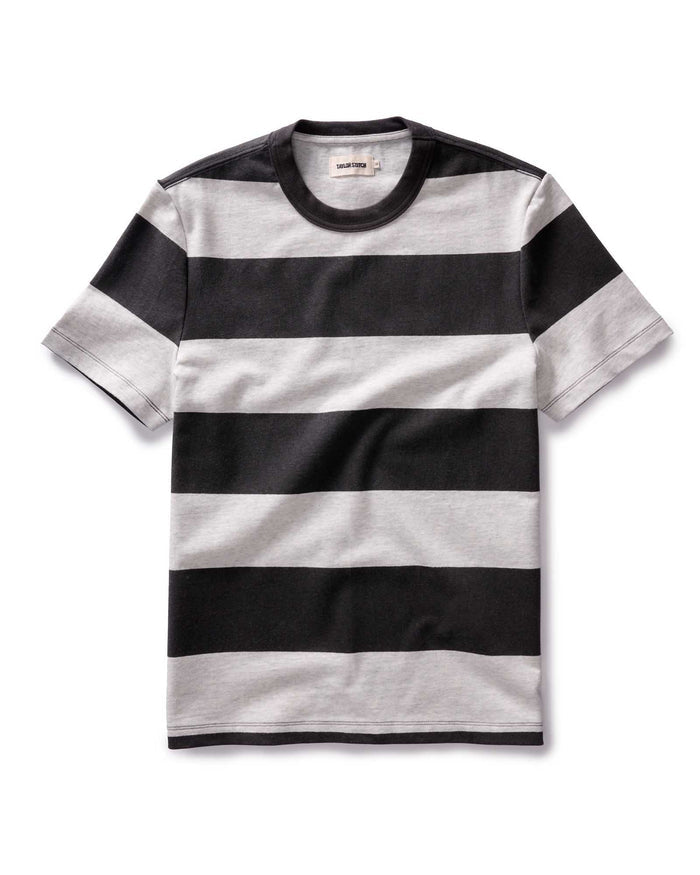 flatlay of The Organic Cotton Shop Tee in Faded Black Stripe