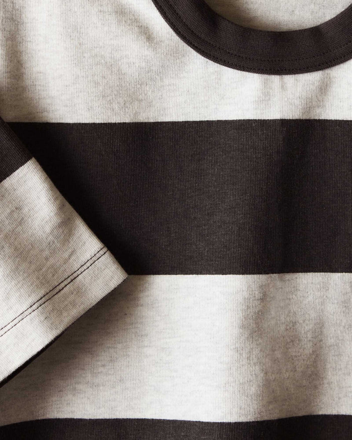material shot of the collar on The Organic Cotton Shop Tee in Faded Black Stripe