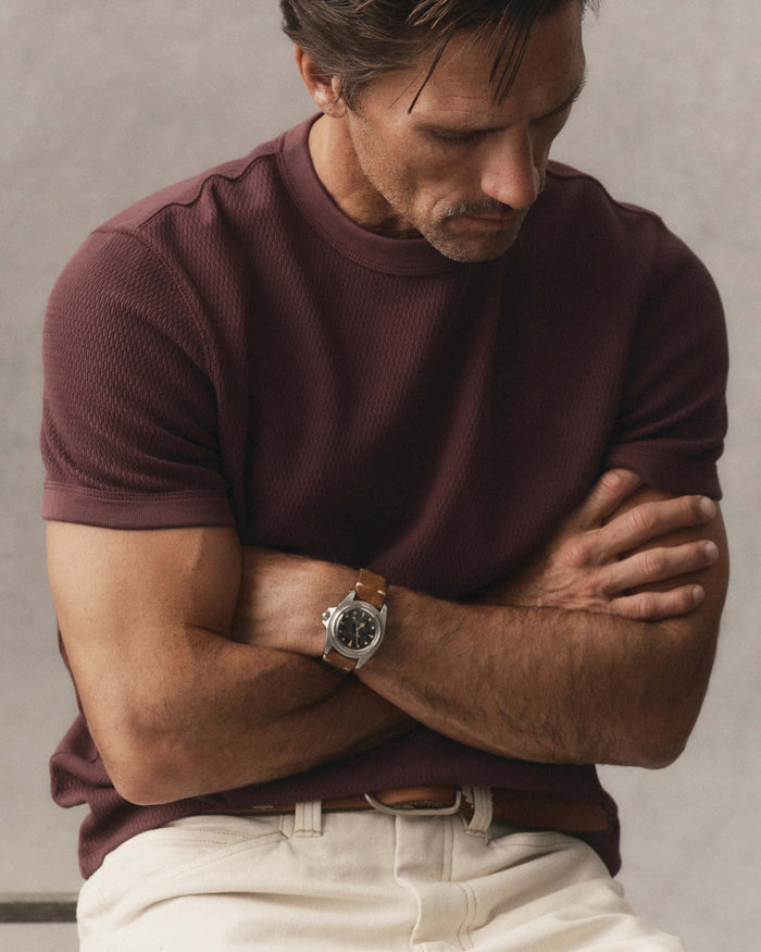 fit model posing in The Organic Cotton Short Sleeve Crew in Burgundy Waffle
