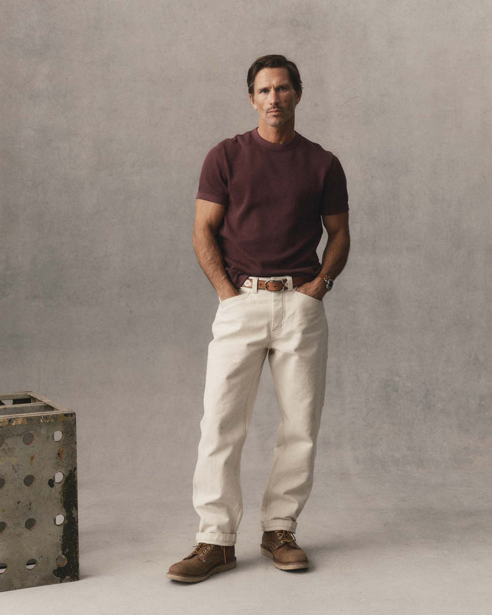 fit model showing off waffle detail on The Organic Cotton Short Sleeve Crew in Burgundy Waffle