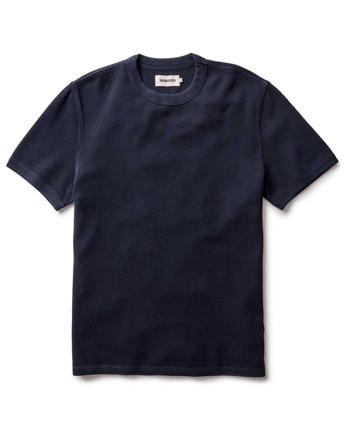 flatlay of The Organic Cotton Short Sleeve Crew in Dark Navy Waffle