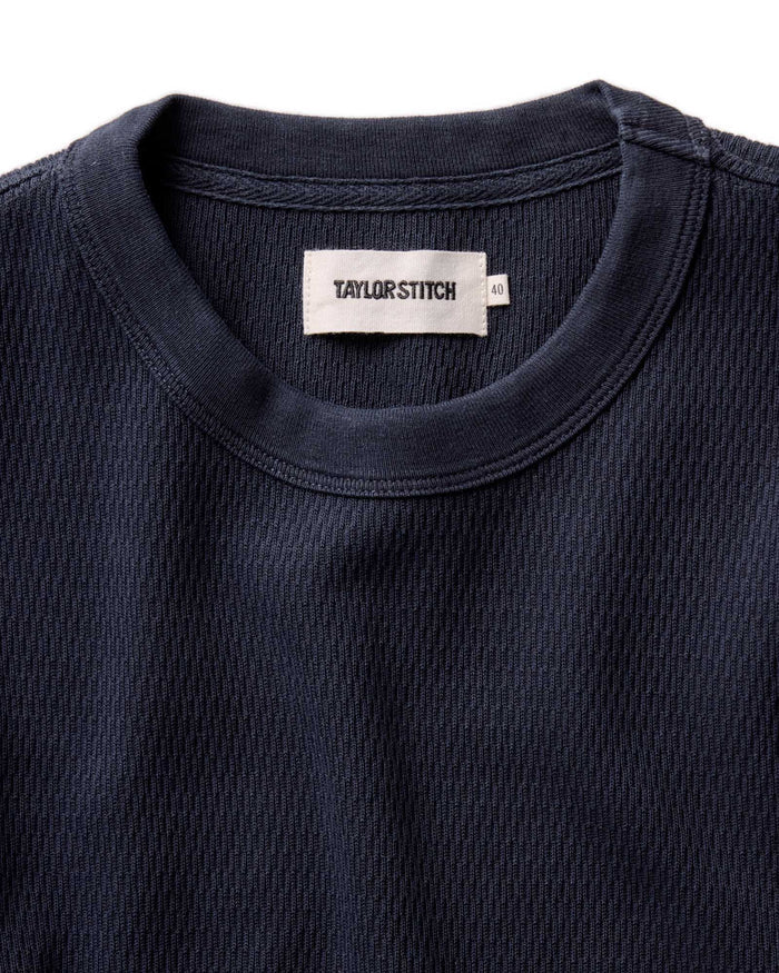 material shot of the collar on The Organic Cotton Short Sleeve Crew in Dark Navy Waffle
