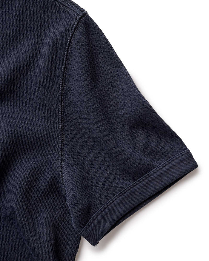 material shot of the sleeve on The Organic Cotton Short Sleeve Crew in Dark Navy Waffle