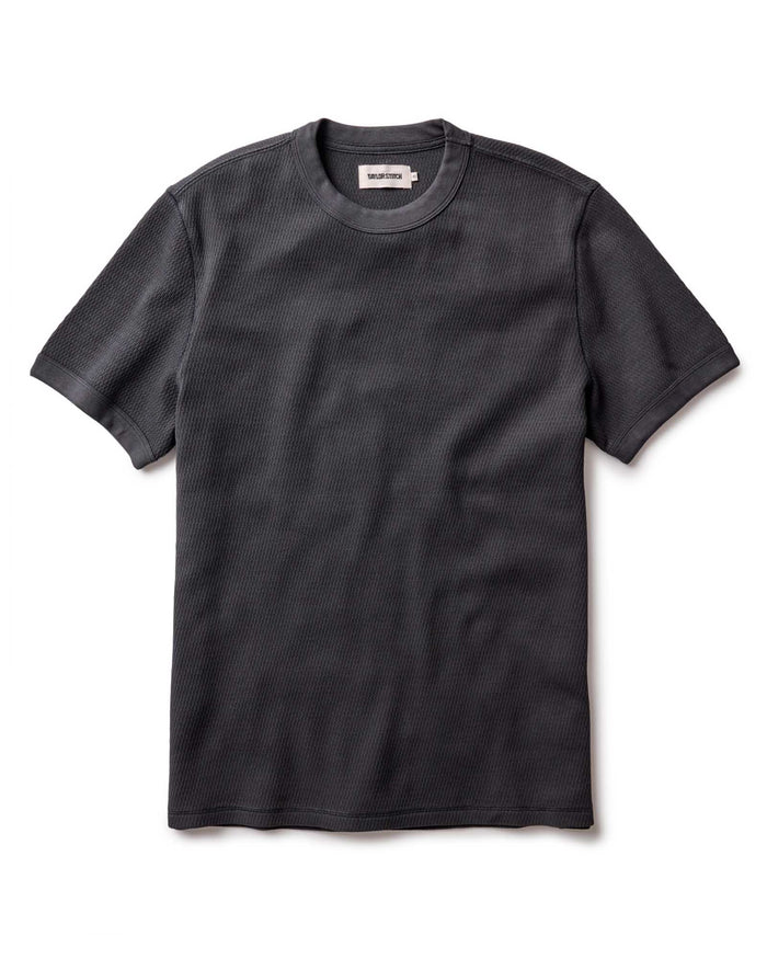 flatlay of The Organic Cotton Short Sleeve Crew in Faded Black Waffle