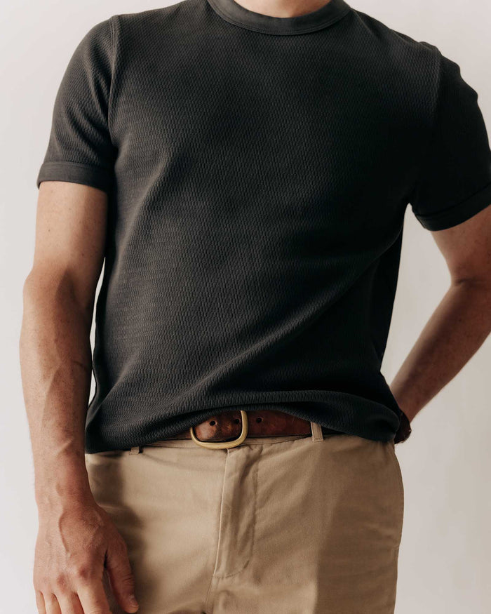 fit model wearing The Organic Cotton Short Sleeve Crew in Faded Black Waffle
