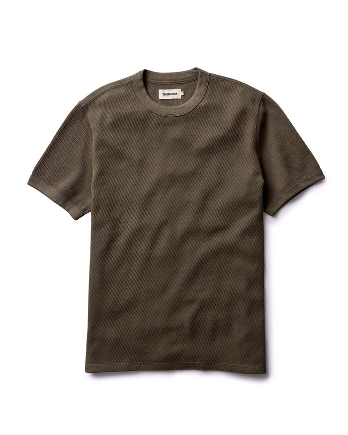 flatlay of The Organic Cotton Short Sleeve Crew in Fatigue Olive Waffle