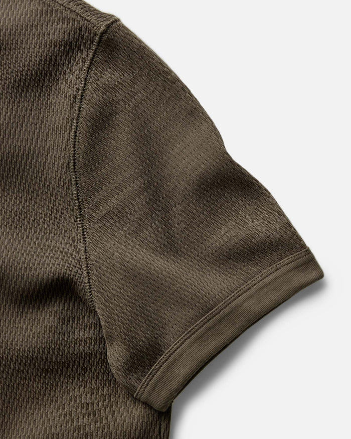 material shot of the ribbed sleeves on The Organic Cotton Short Sleeve Crew in Fatigue Olive Waffle