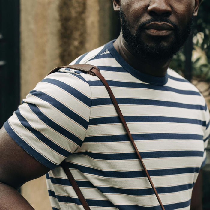 fit model showing the stripe pattern on The Organic Cotton Tee in Daybreak Stripe