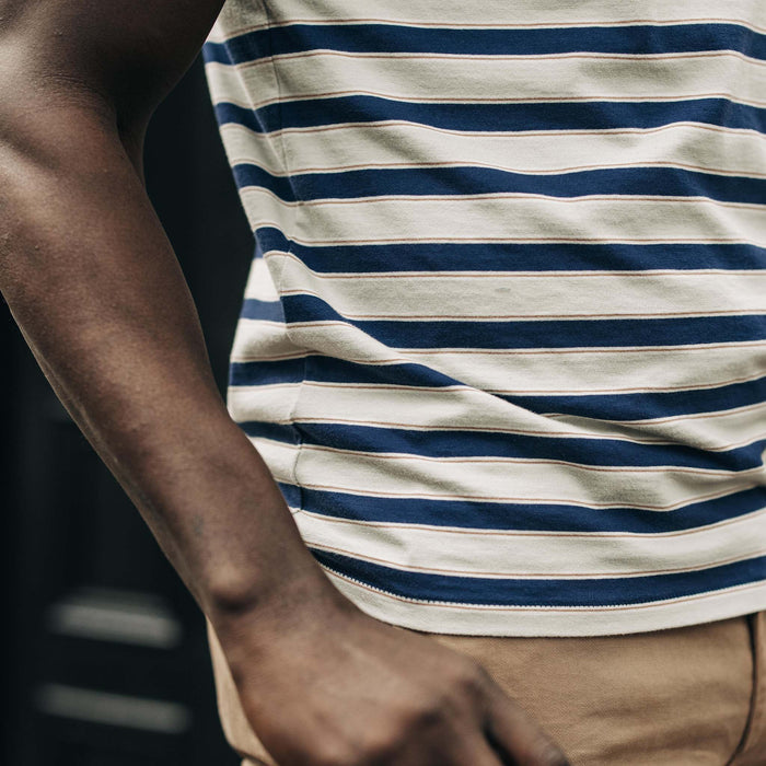 fit model showing the side of The Organic Cotton Tee in Daybreak Stripe