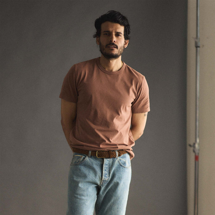 fit model in The Organic Cotton Tee in Faded Brick