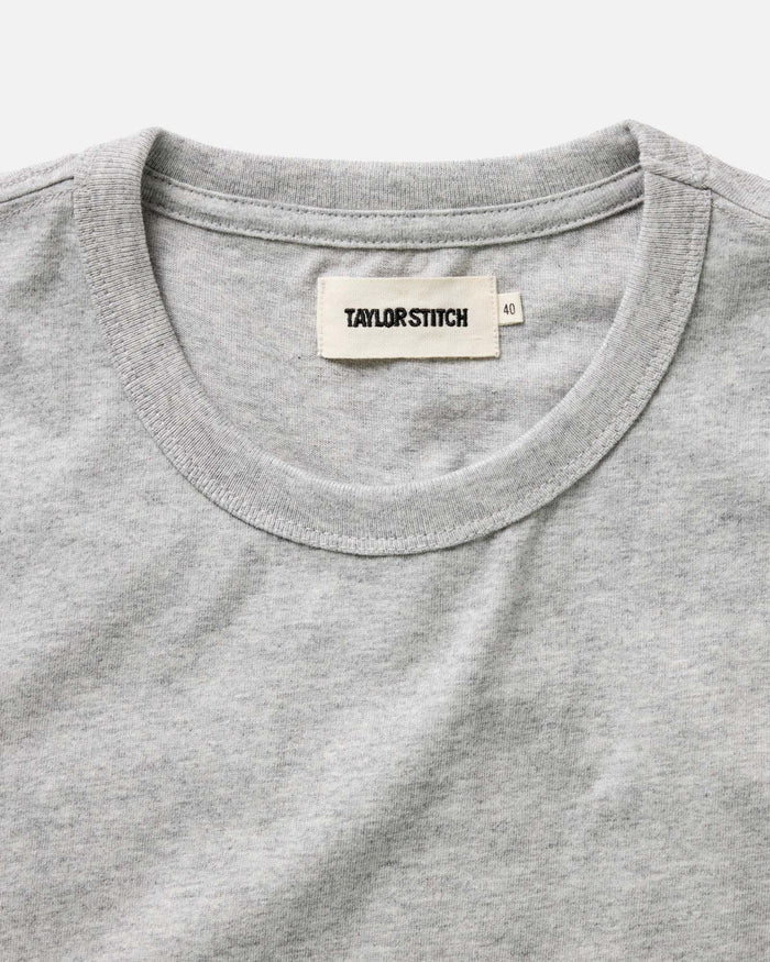 material shot of the collar on The Organic Cotton Tee in Heather Grey