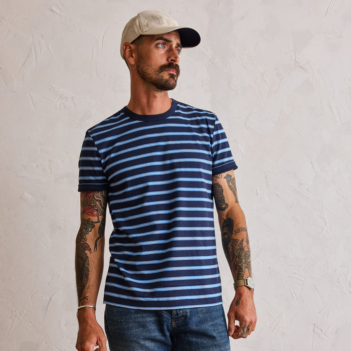 fit model in The Organic Cotton Tee in Navy Stripe