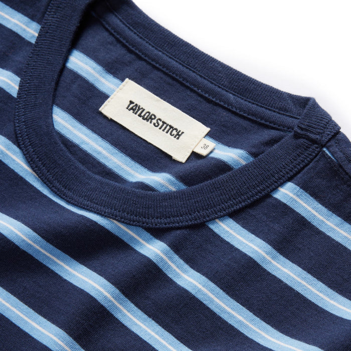material shot of the neck opening on The Organic Cotton Tee in Navy Stripe