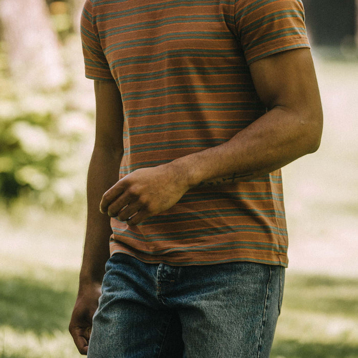 fit model walking in The Organic Cotton Tee in Sahara Stripe
