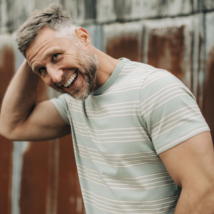 fit model wearing The Organic Cotton Tee in Seafoam Stripe