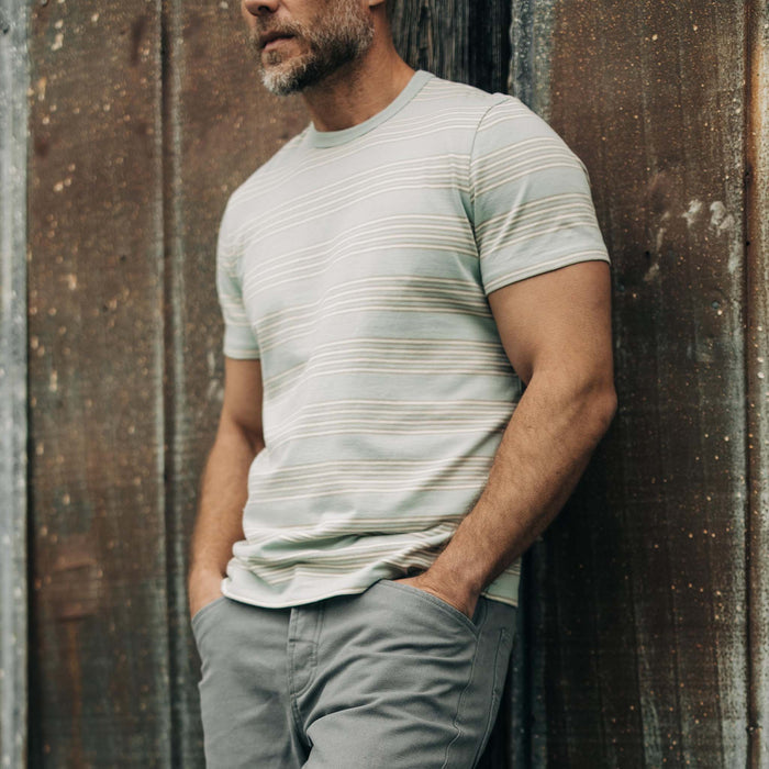 fit model showing the front of The Organic Cotton Tee in Seafoam Stripe