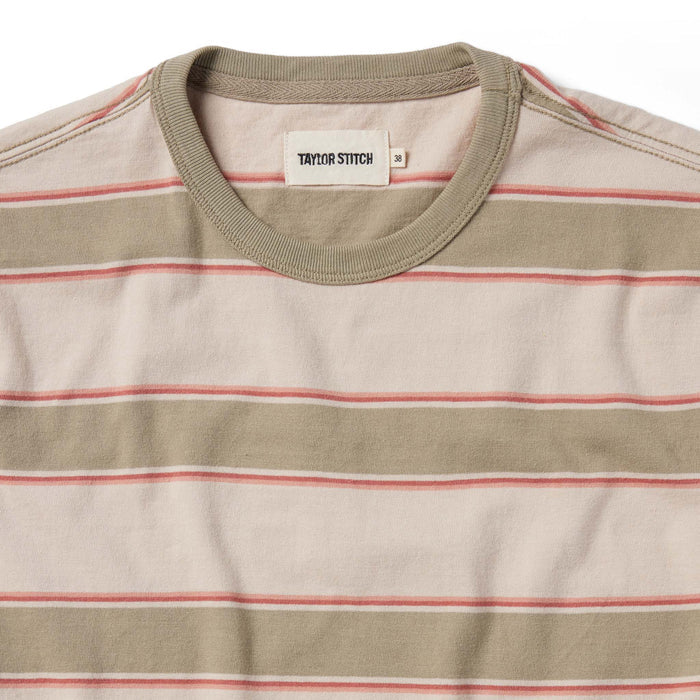material shot of the collar and label on The Organic Cotton Tee in Seagrass Stripe