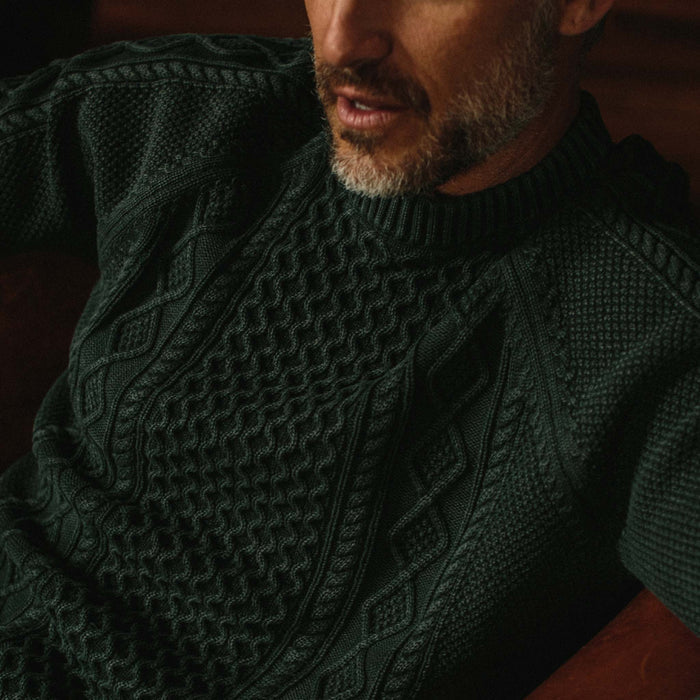 fit model wearing The Orr Sweater in Charcoal close up showing texture