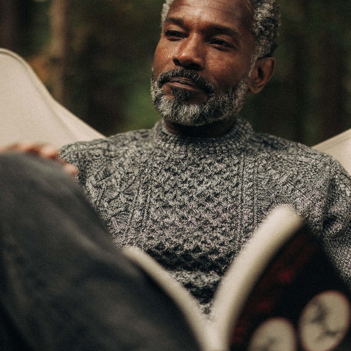 fit model in The Orr Sweater in Marled Coal Merino