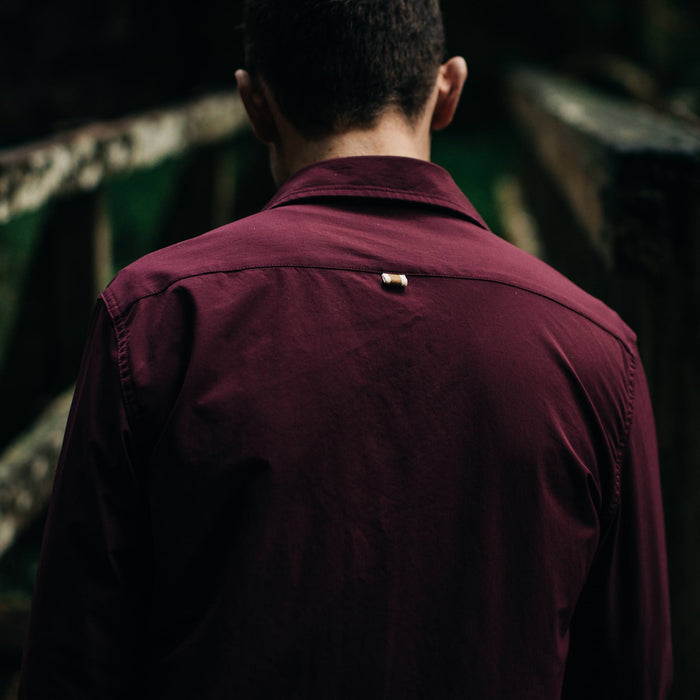 fit model wearing The Over Shirt in Wine, back shot