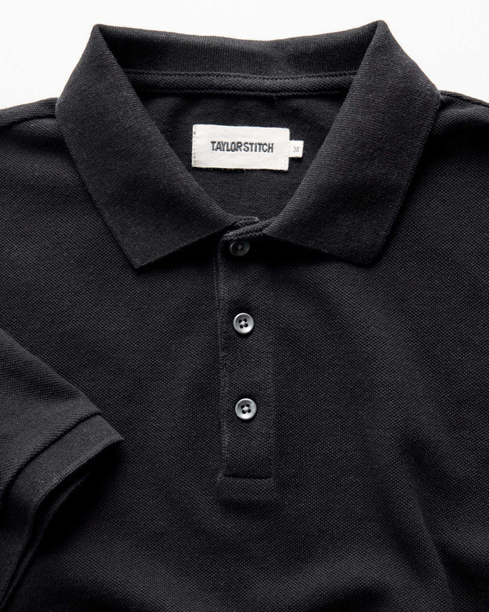 material shot of the collar on The Pacific Polo in Black Indigo Pique