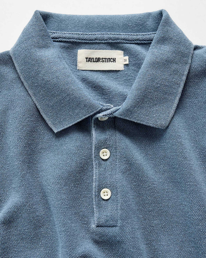material shot of the collar on The Pacific Polo in Washed Indigo Pique