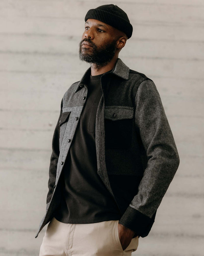 fit model posing in The Patchwork Overshirt in Ash Tweed