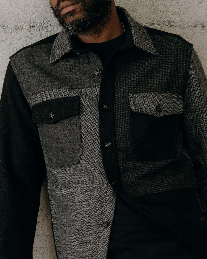fit model showing off texture on The Patchwork Overshirt in Ash Tweed
