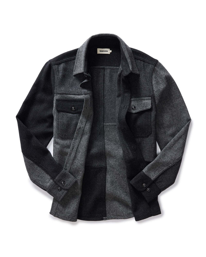 flatlay of The Patchwork Overshirt in Ash Tweed open
