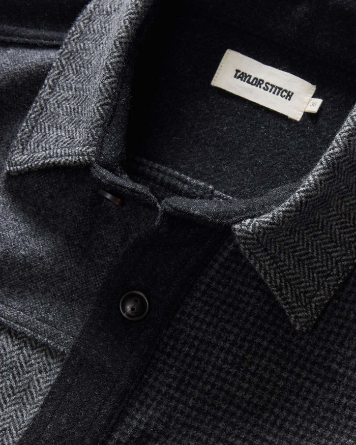 material shot of the collar on The Patchwork Overshirt in Ash Tweed