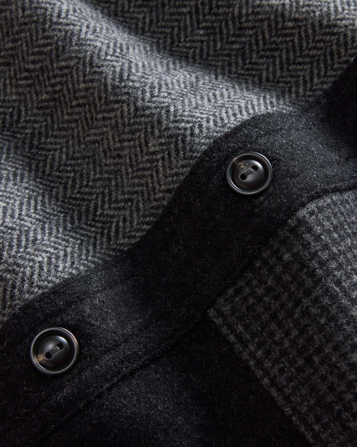 material shot of the buttons on The Patchwork Overshirt in Ash Tweed