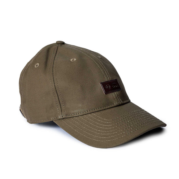 editorial image of the side of The Pathfinder Cap in Fatique Olive Dry Wax