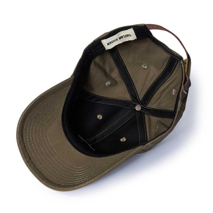editorial image of the inside of The Pathfinder Cap in Fatique Olive Dry Wax