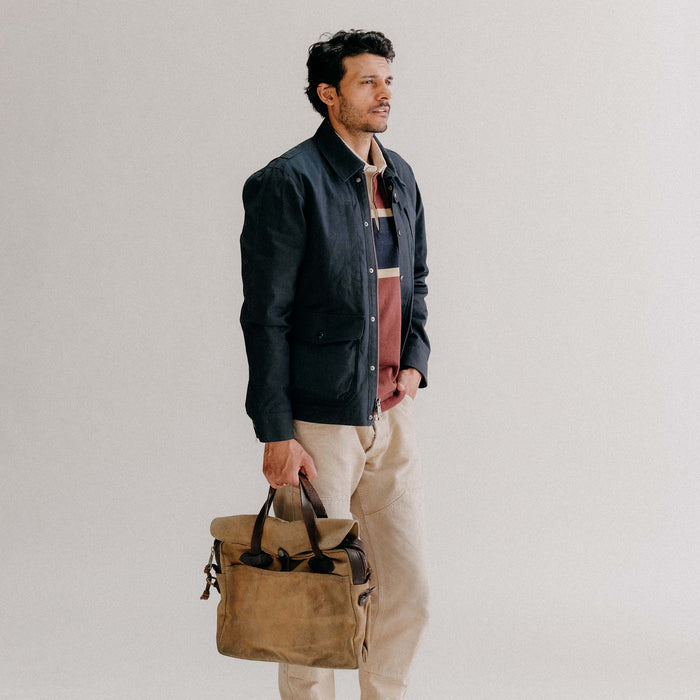 fit model wearing The Pathfinder Jacket in Dark Navy Dry Wax