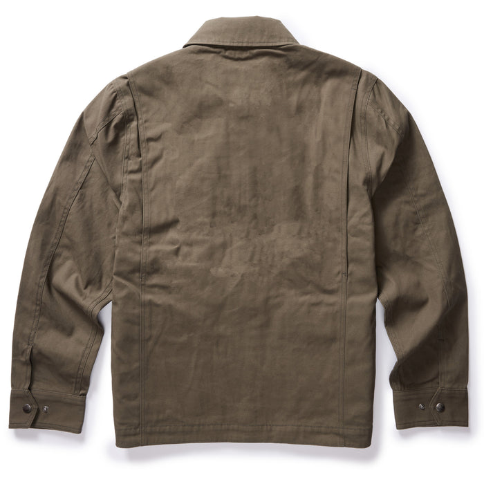flatlay of the back of The Pathfinder Jacket in Fatigue Olive Dry Wax