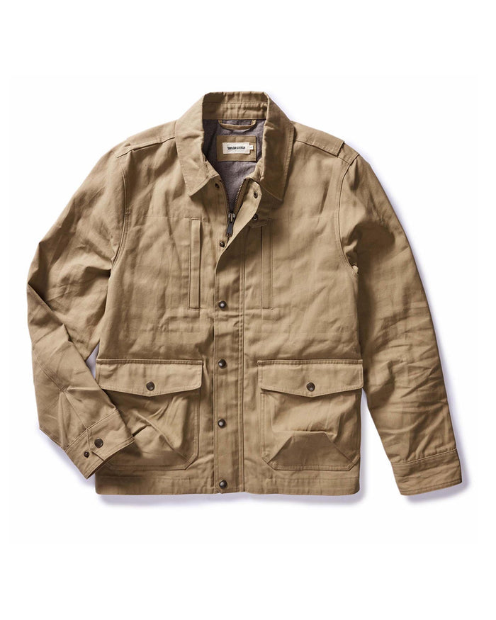 flatlay of The Pathfinder Waxed Canvas Jacket in Khaki Dry Wax