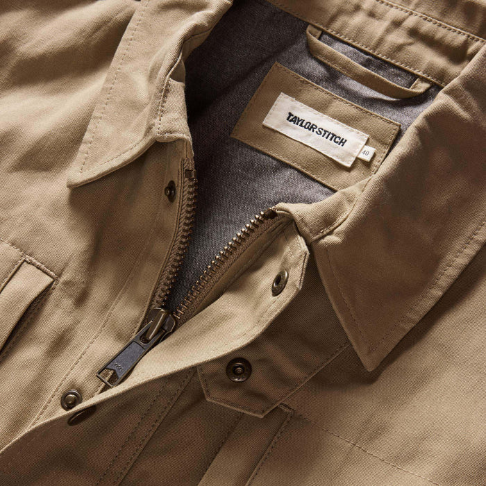 material shot of the collar on The Pathfinder Jacket in Khaki Dry Wax