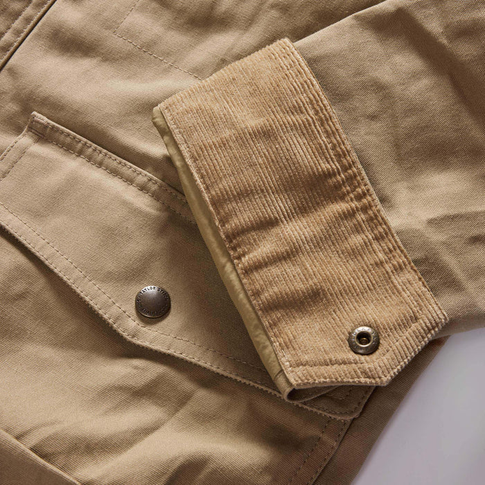 material shot of the cuff on The Pathfinder Jacket in Khaki Dry Wax